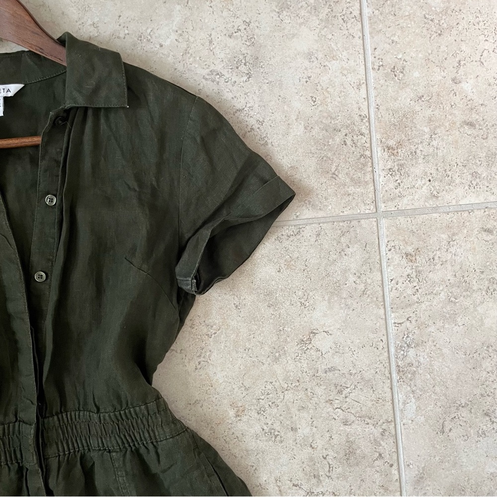 Athleta Linen Olive Green Button-Up Pocketed Summer Festival Boho Romper - Picture 3 of 6